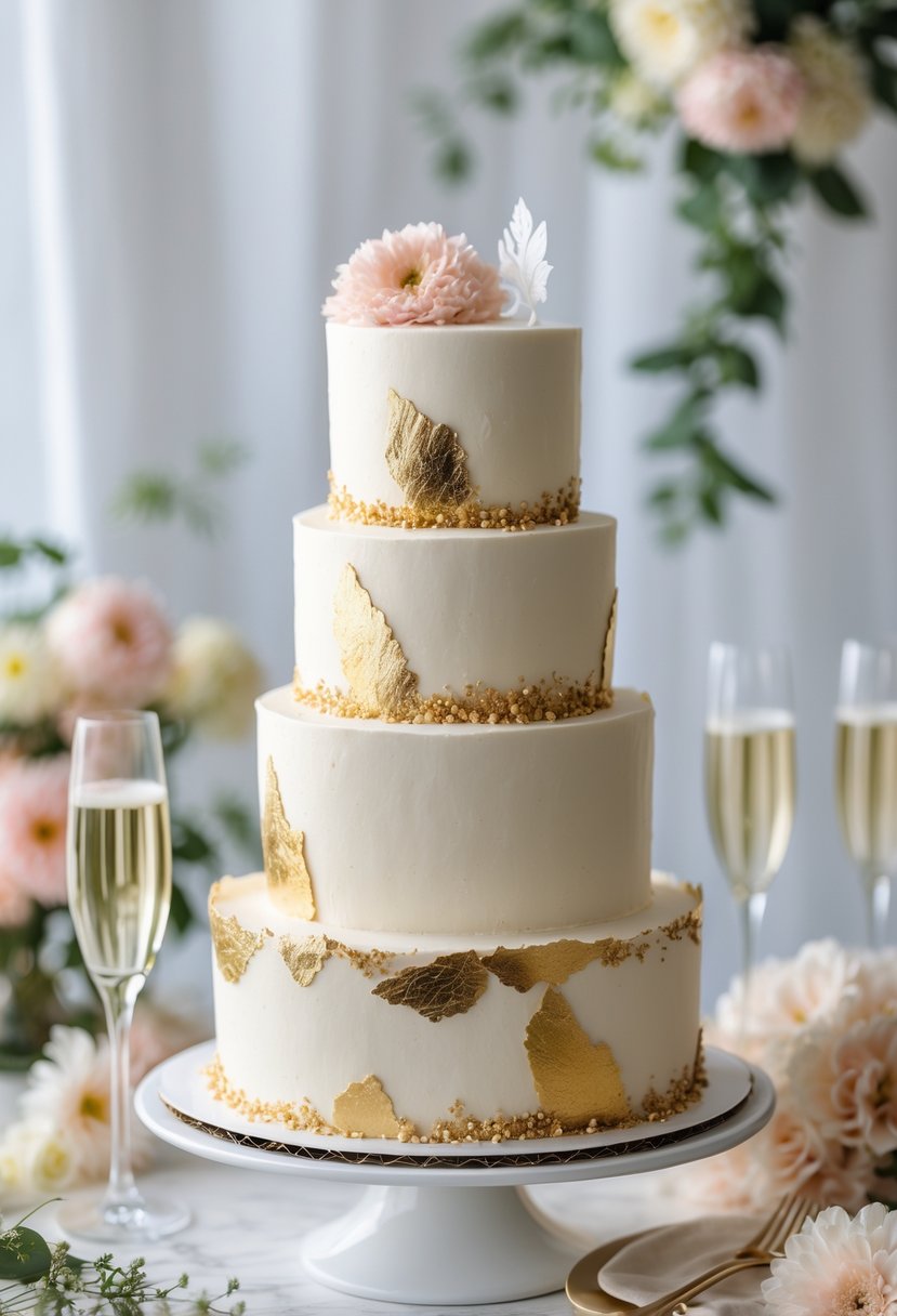 A multi-tiered white cake decorated with gold leaf accents surrounded by flowers and champagne glasses on a softly lit table.
