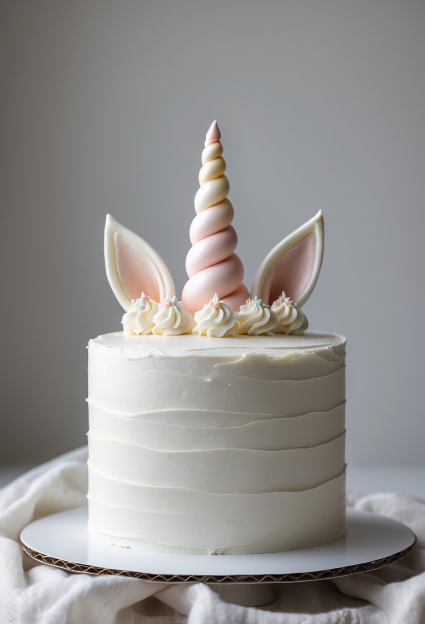 A minimalist unicorn cake with smooth white frosting and a pearl horn on top, displayed on a plain surface.