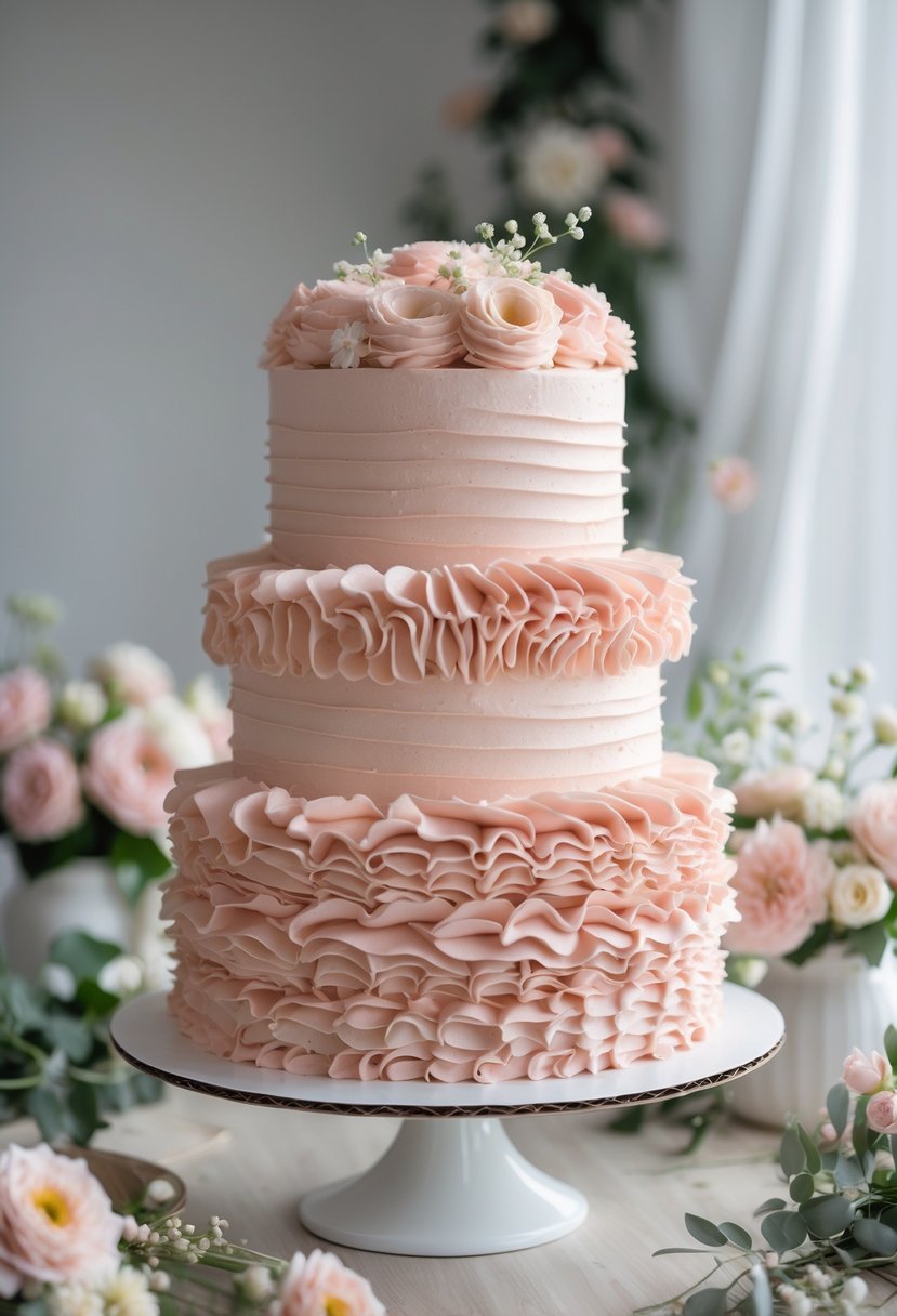 A multi-tiered blush pink buttercream ruffle cake on a white stand with flowers and greenery around it on a wooden table.