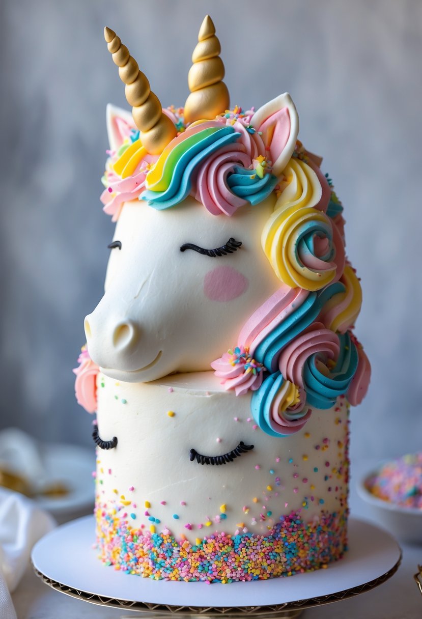 A unicorn cake decorated with rainbow sprinkles and a colorful piped buttercream mane.