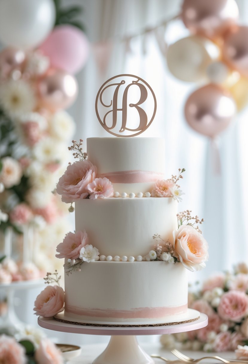 A white bridal shower cake with a gold monogrammed initial topper surrounded by soft pastel floral decorations.
