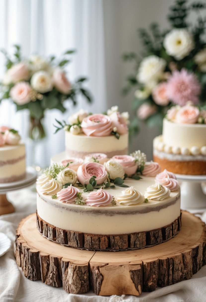 A wooden slice cake stand displaying several decorated cakes on a table with soft natural lighting.