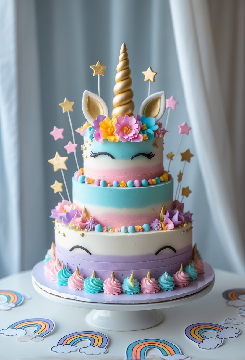A multi-tiered unicorn birthday cake with pastel colors and edible decorations, surrounded by unicorn-themed printable decorations on a white surface.