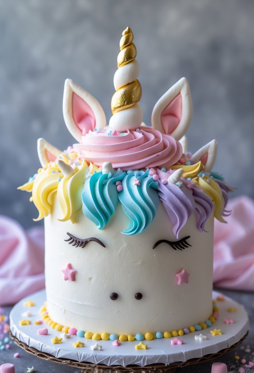 A unicorn cake decorated with a marshmallow mane and a candy horn on top.