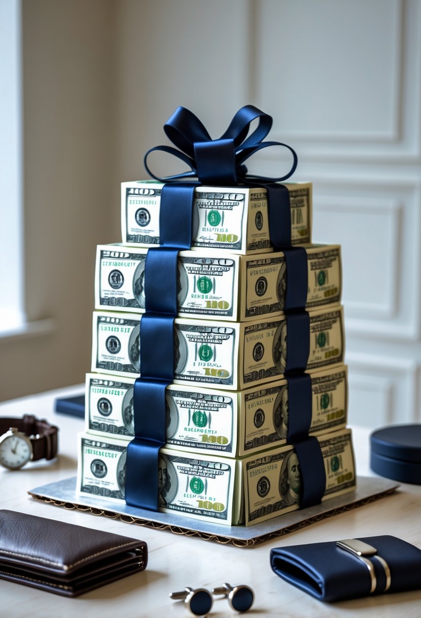 A tiered cake made of folded US dollar bills tied with ribbons, displayed on a wooden table with men's accessories around it.
