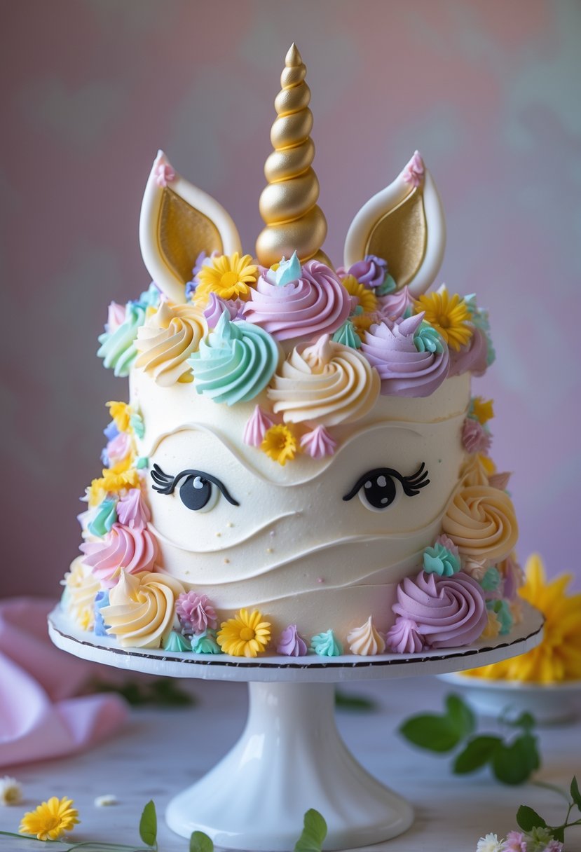 A unicorn cake decorated with colorful buttercream swirls and edible flowers on a white cake stand.