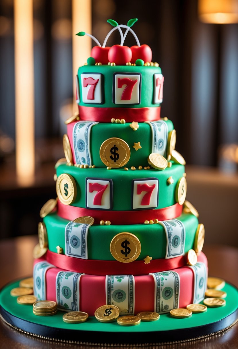 A multi-tiered cake decorated with slot machine symbols and real money elements placed on a wooden table.