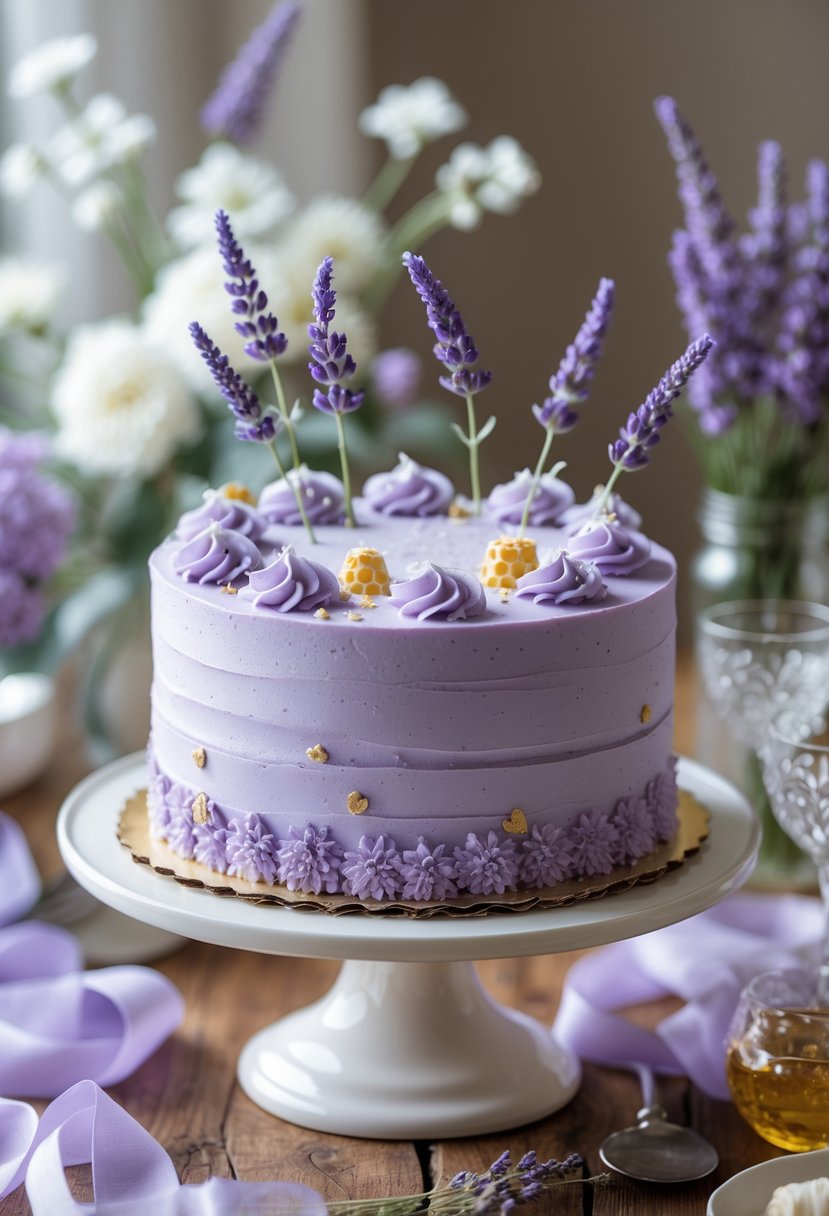 A lavender and honey flavored cake decorated with edible lavender flowers and honeycomb shapes on a cake stand, surrounded by bridal shower decorations.