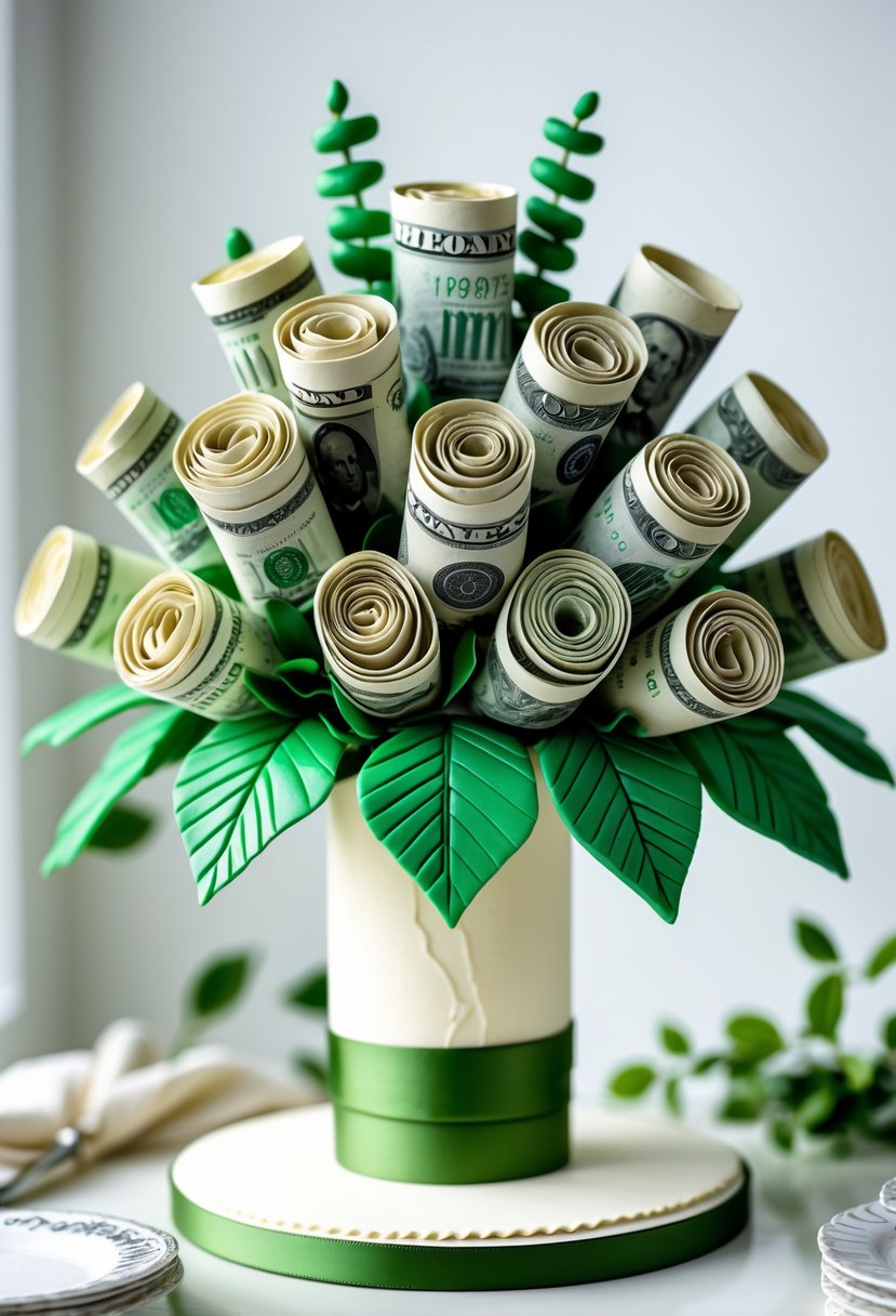 A cake decorated with rolled banknotes arranged like a bouquet of flowers on top.