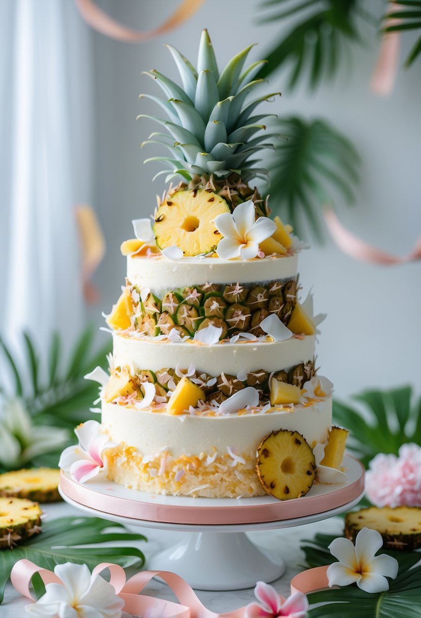 A multi-layered pineapple and coconut cake decorated with fresh pineapple slices, coconut shavings, and edible flowers on a table with tropical leaves and floral decorations.