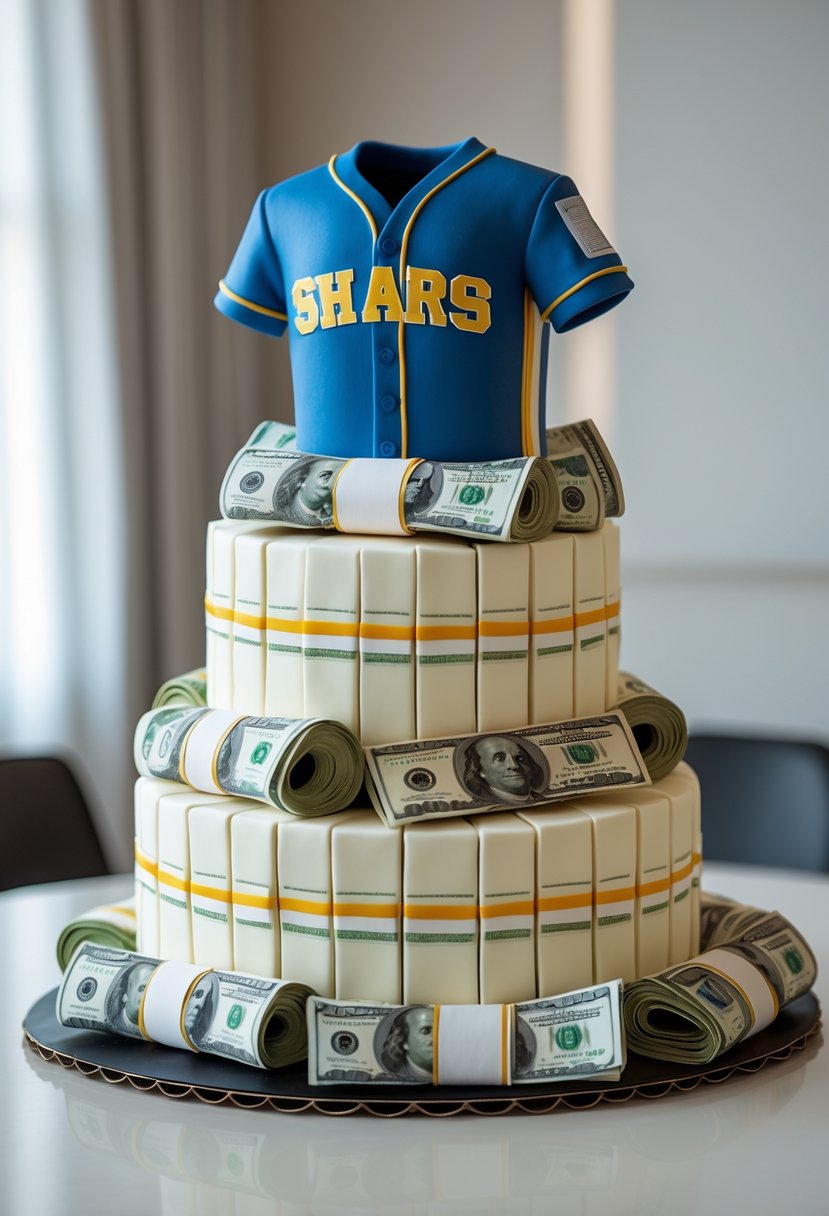 A sports jersey styled money cake made from folded bills and currency notes arranged on a table.