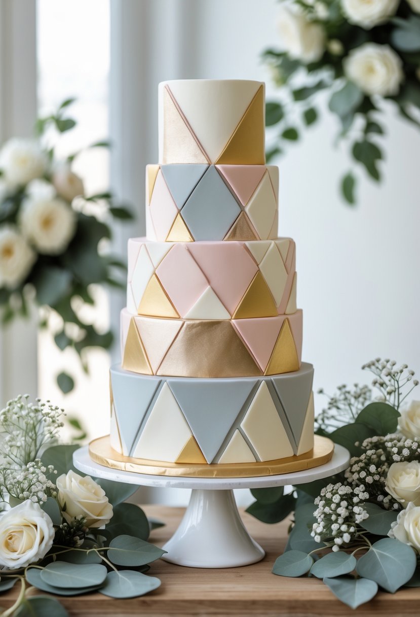 A multi-tiered cake decorated with pastel geometric patterns and surrounded by white flowers on a wooden table.