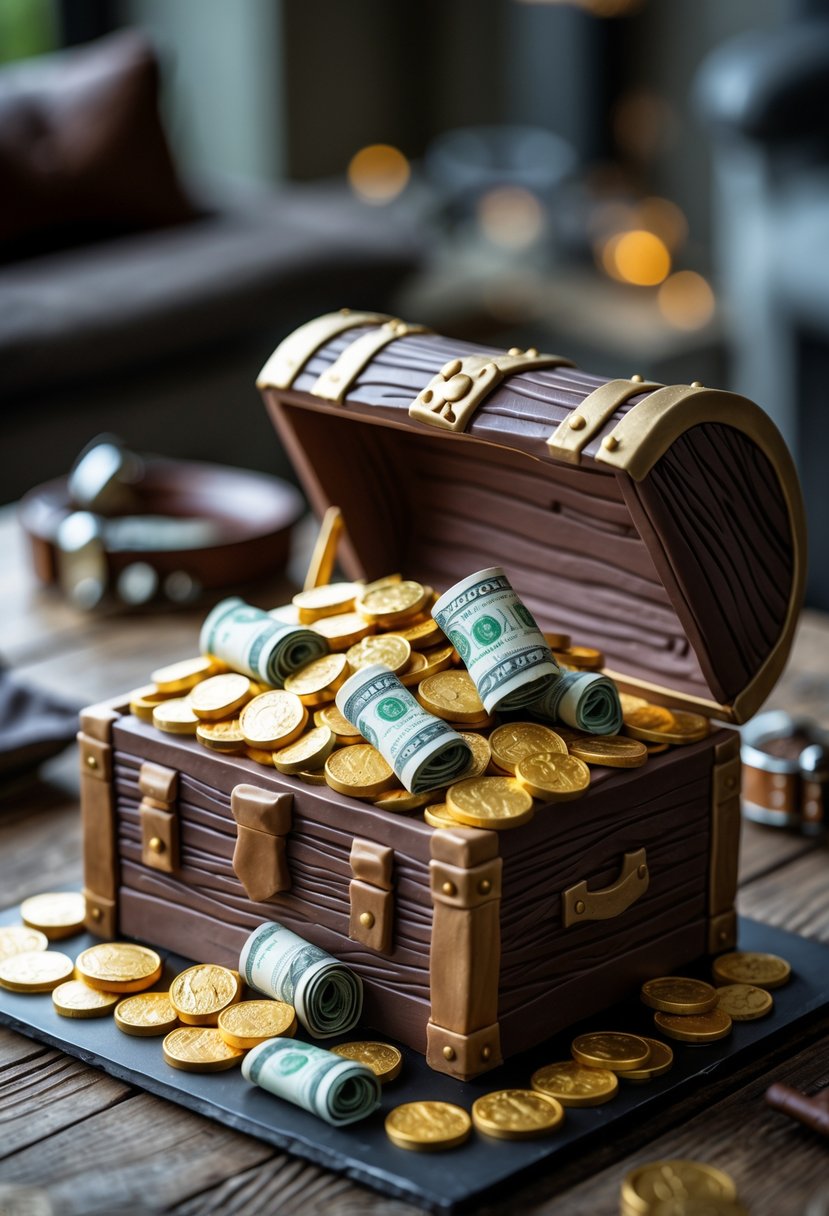 An open treasure chest cake filled with edible gold coins and rolled-up money, displayed on a wooden table with masculine-themed items in the background.