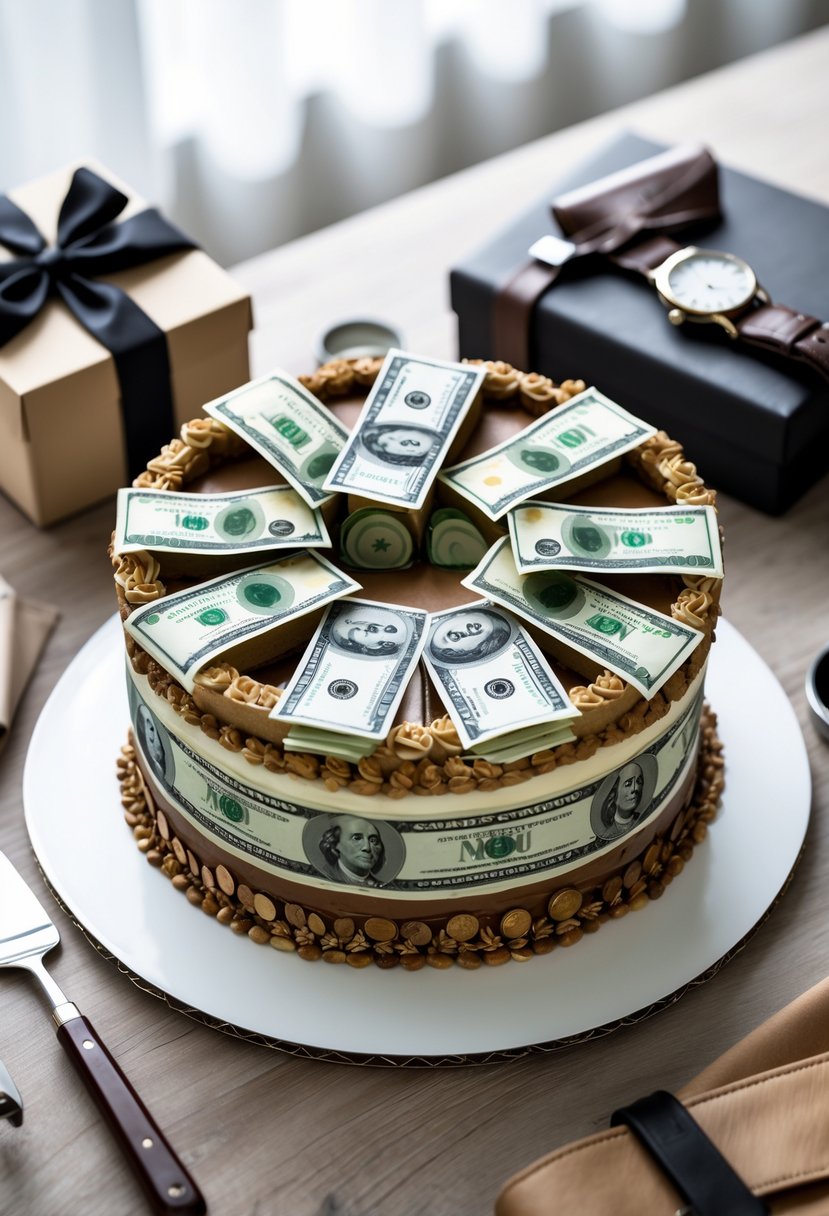 A multi-layered cake with hidden compartments containing folded banknotes, placed on a wooden table with men's accessories nearby.