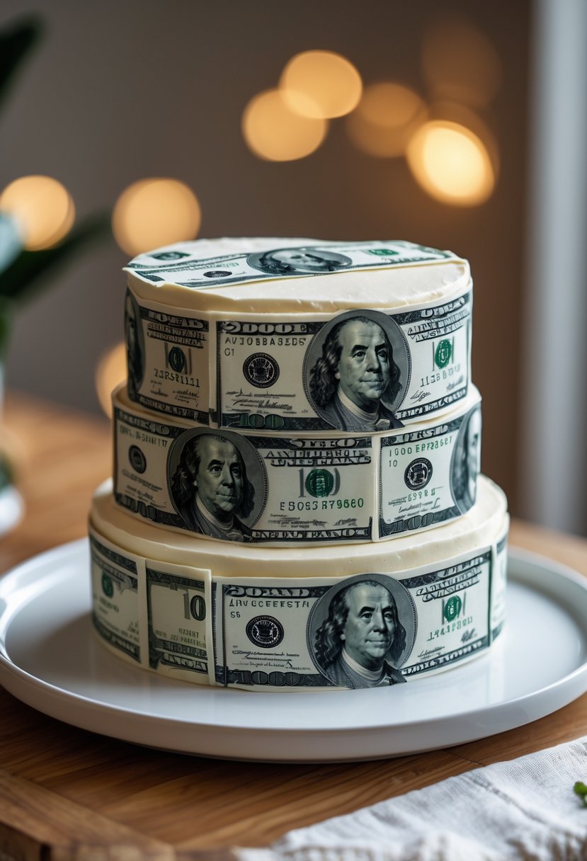 A cake wrapped with realistic currency bands placed on a white plate on a wooden table.
