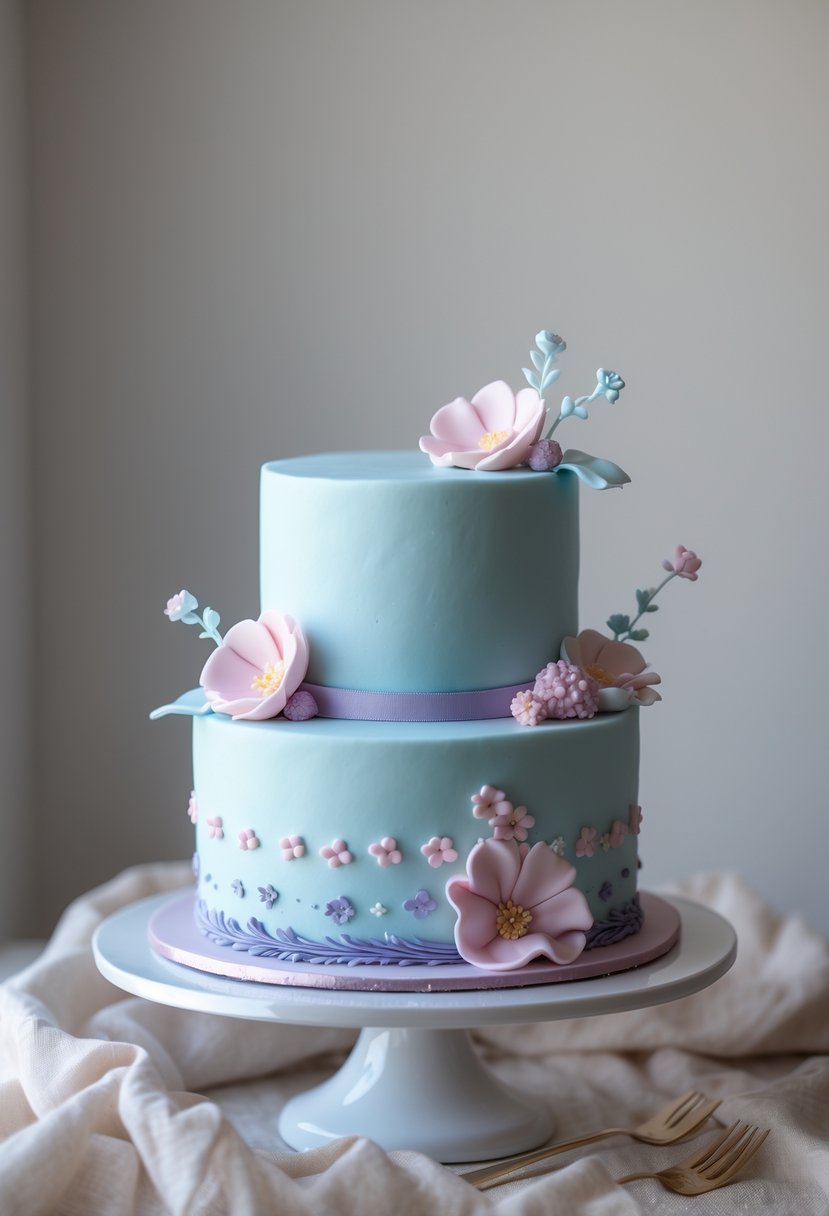 A pastel blue cake decorated with pink and purple accents on a white cake stand against a neutral background.