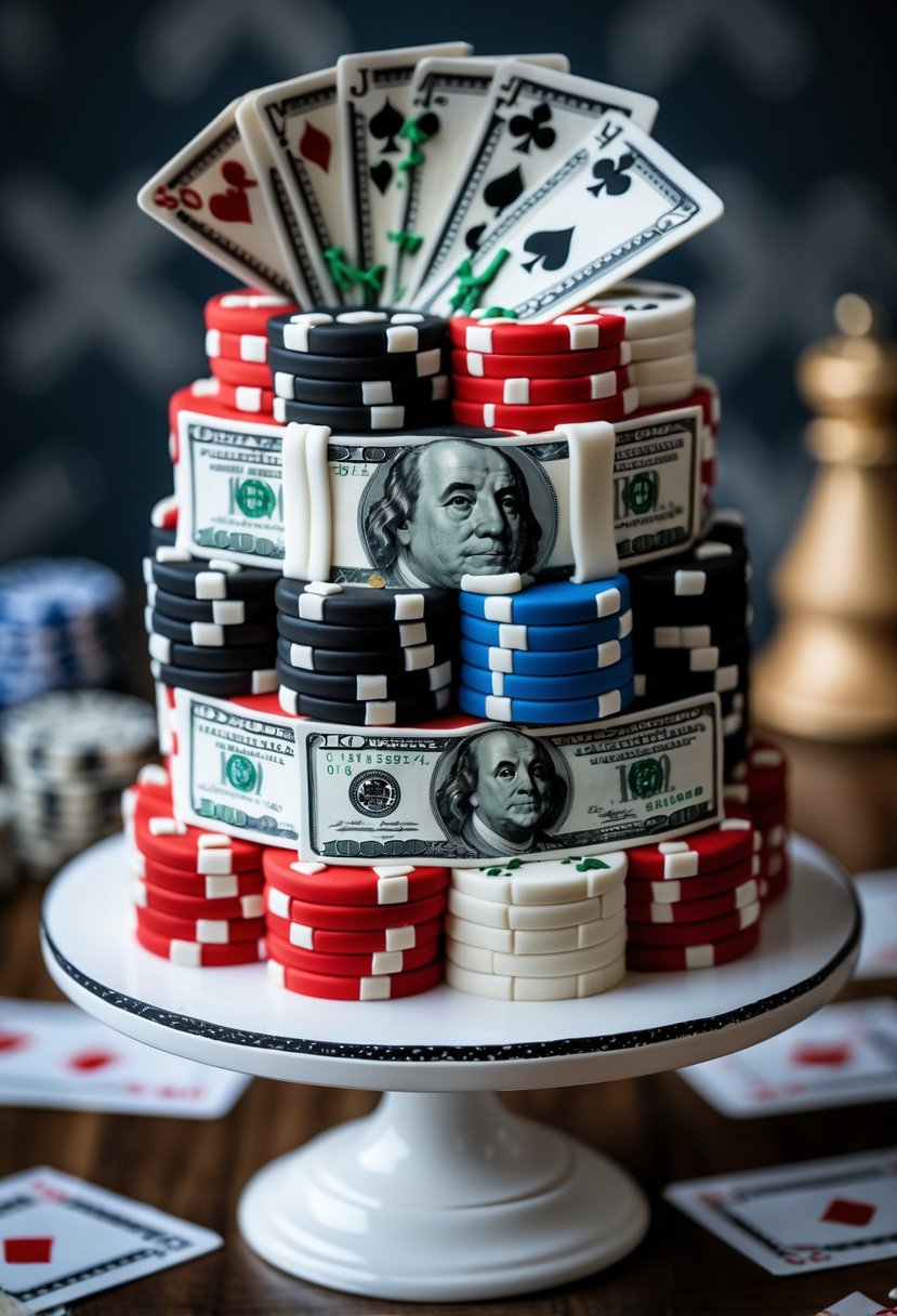 A detailed cake decorated to look like stacked poker chips and folded money on a white cake stand.
