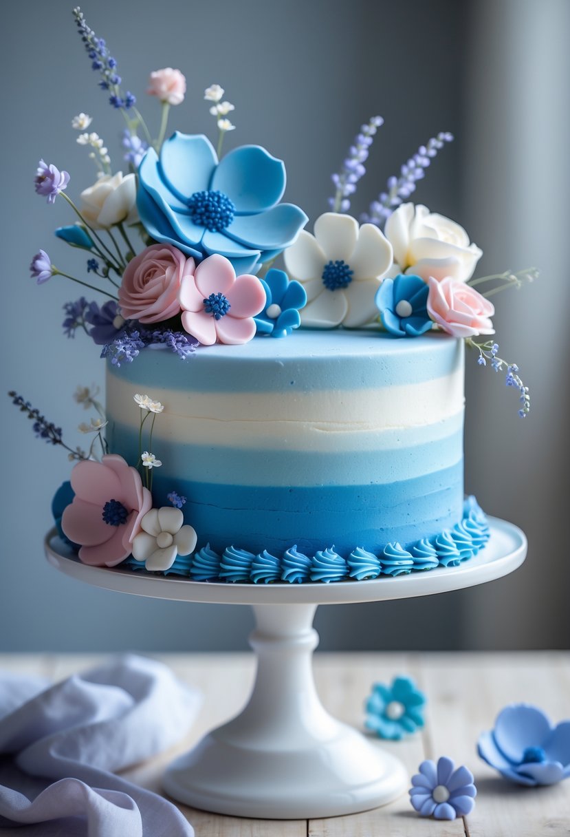 A blue cake decorated with edible flowers on a white cake stand against a neutral background.