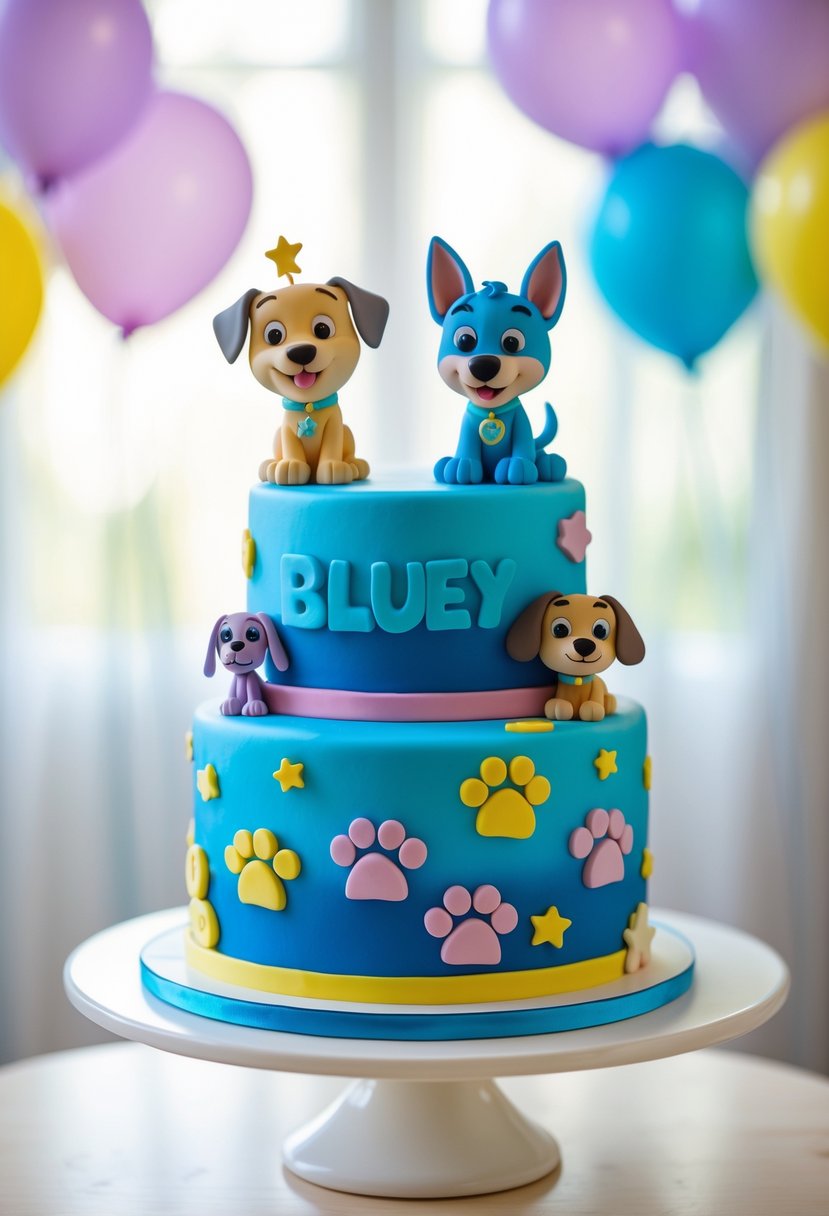 Two-tier blue birthday cake with figurines of Bluey and Bingo dogs on top, decorated with colorful paw prints and balloons.