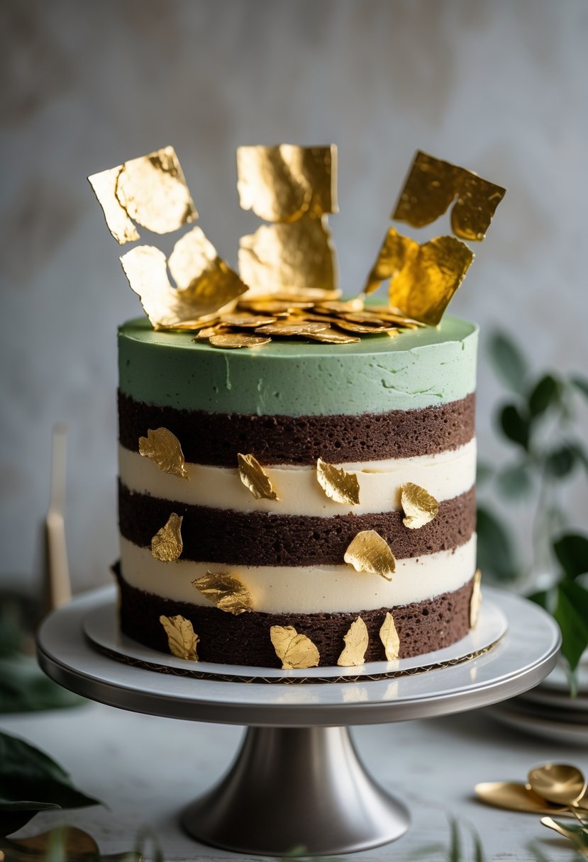 A multi-layered cake decorated with edible gold leaf on a cake stand.