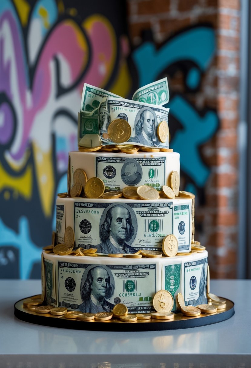 A money-themed cake decorated with edible currency notes and coins, set against a colorful graffiti wall background.