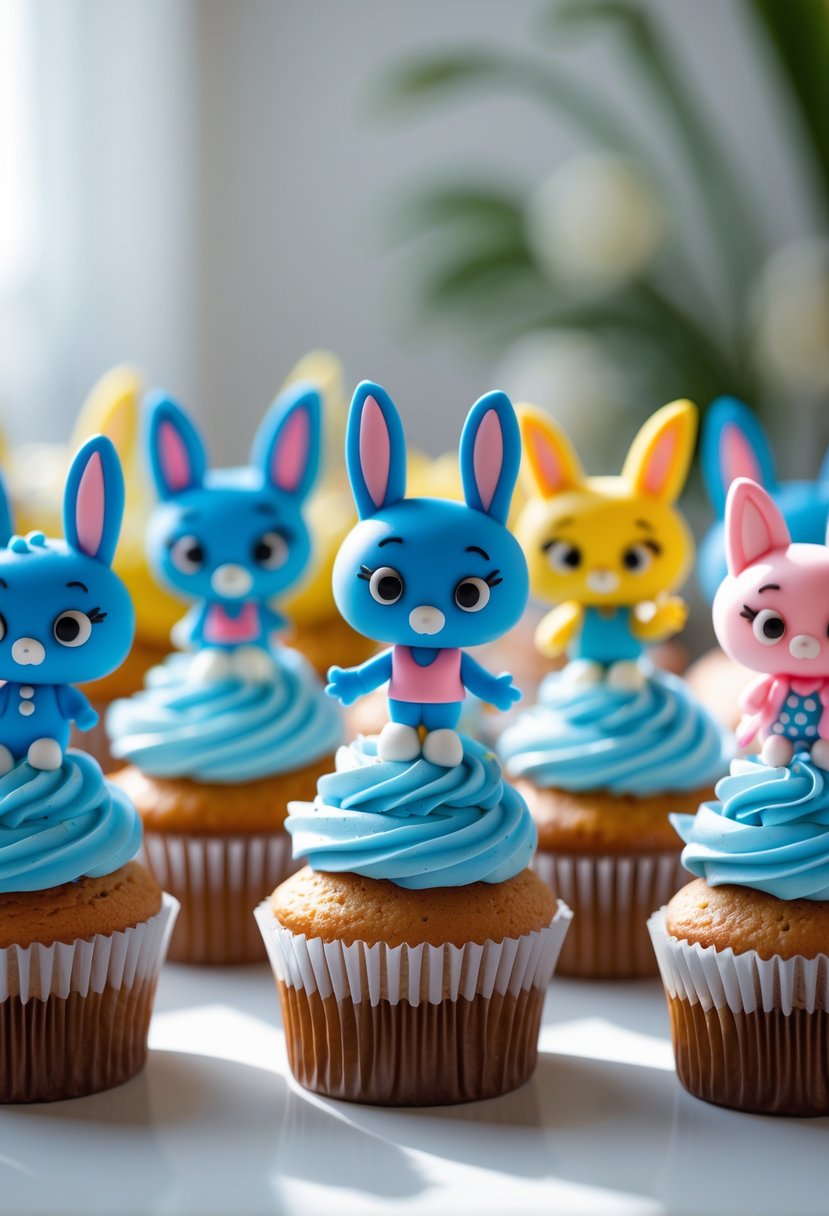 A group of cupcakes decorated with colorful Bluey character toppers arranged on a white surface.