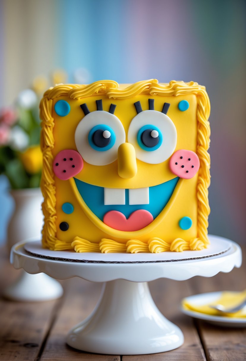 A colorful cake shaped like SpongeBob SquarePants' face on a cake stand at a children's party.