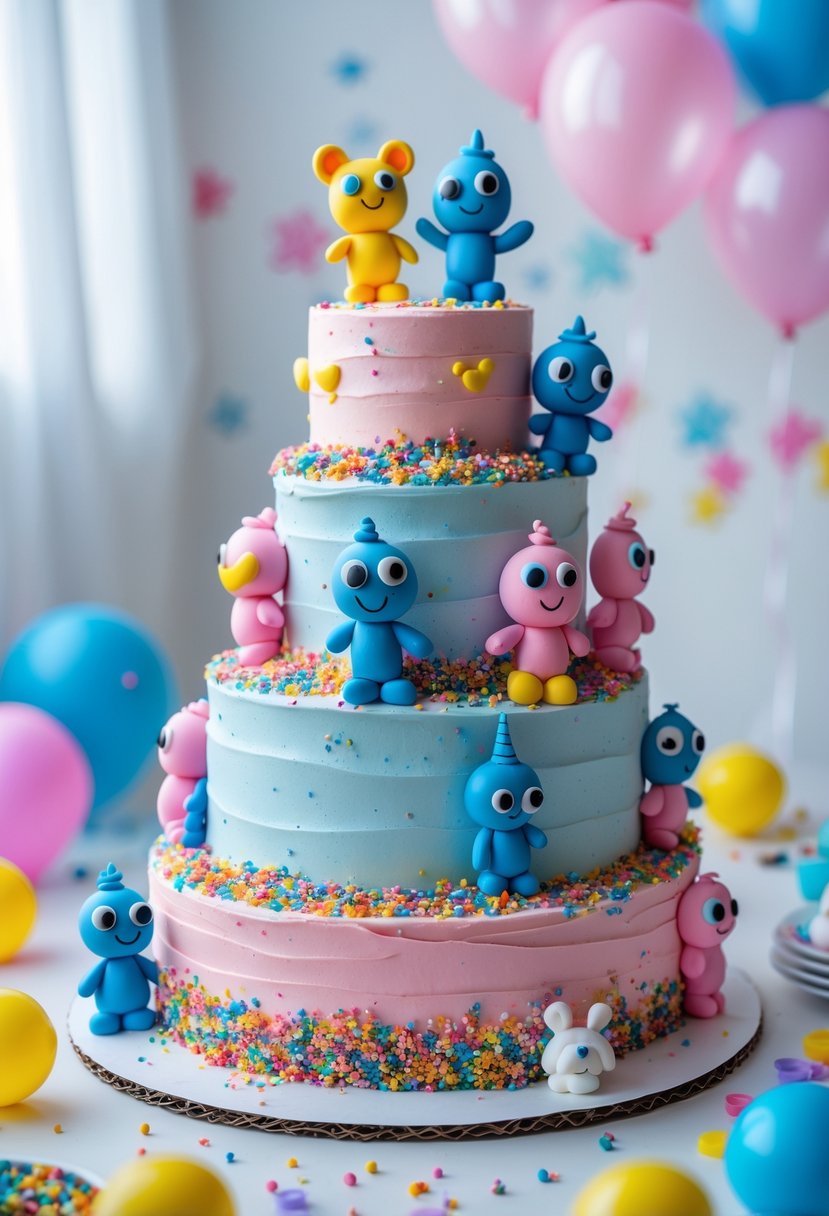 A multi-tiered birthday cake decorated with Bluey character figurines and colorful rainbow sprinkles on a bright, festive background.