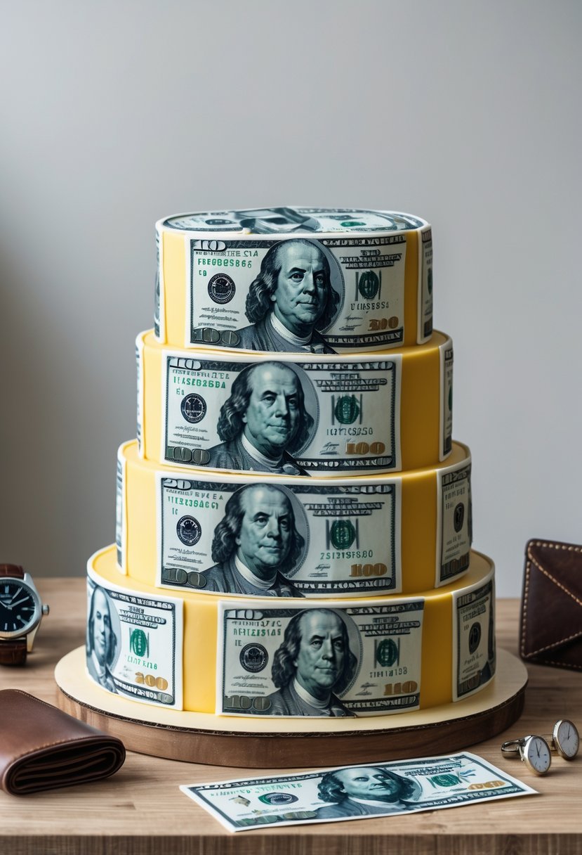 A multi-layered cake made from comic book style dollar bills on a wooden table with men's accessories nearby.