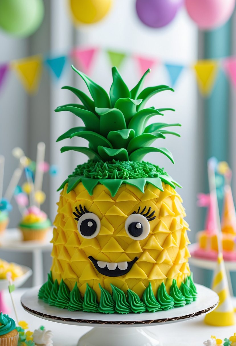 A colorful pineapple-shaped cake on a white stand with small sea creature decorations on a children's birthday party table.