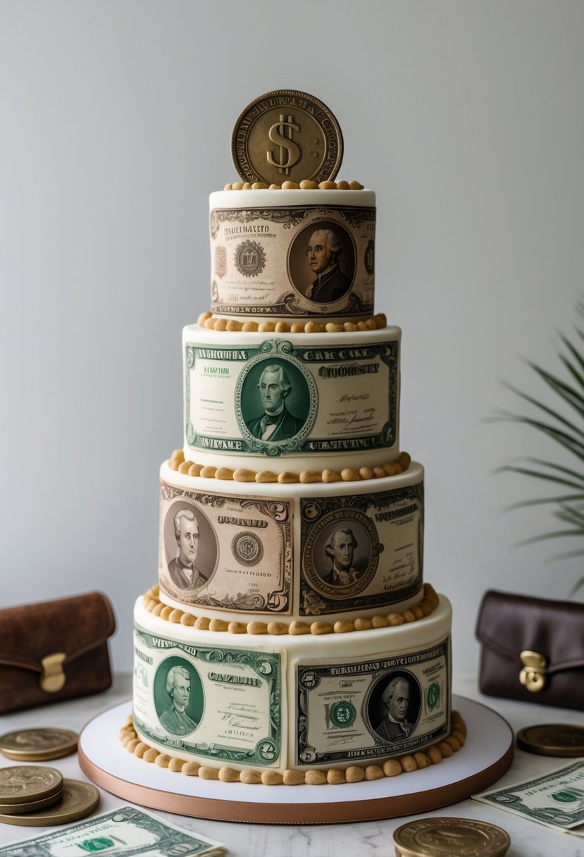 A multi-tiered cake decorated with edible vintage currency designs, displayed with antique coins and wallets on a neutral background.