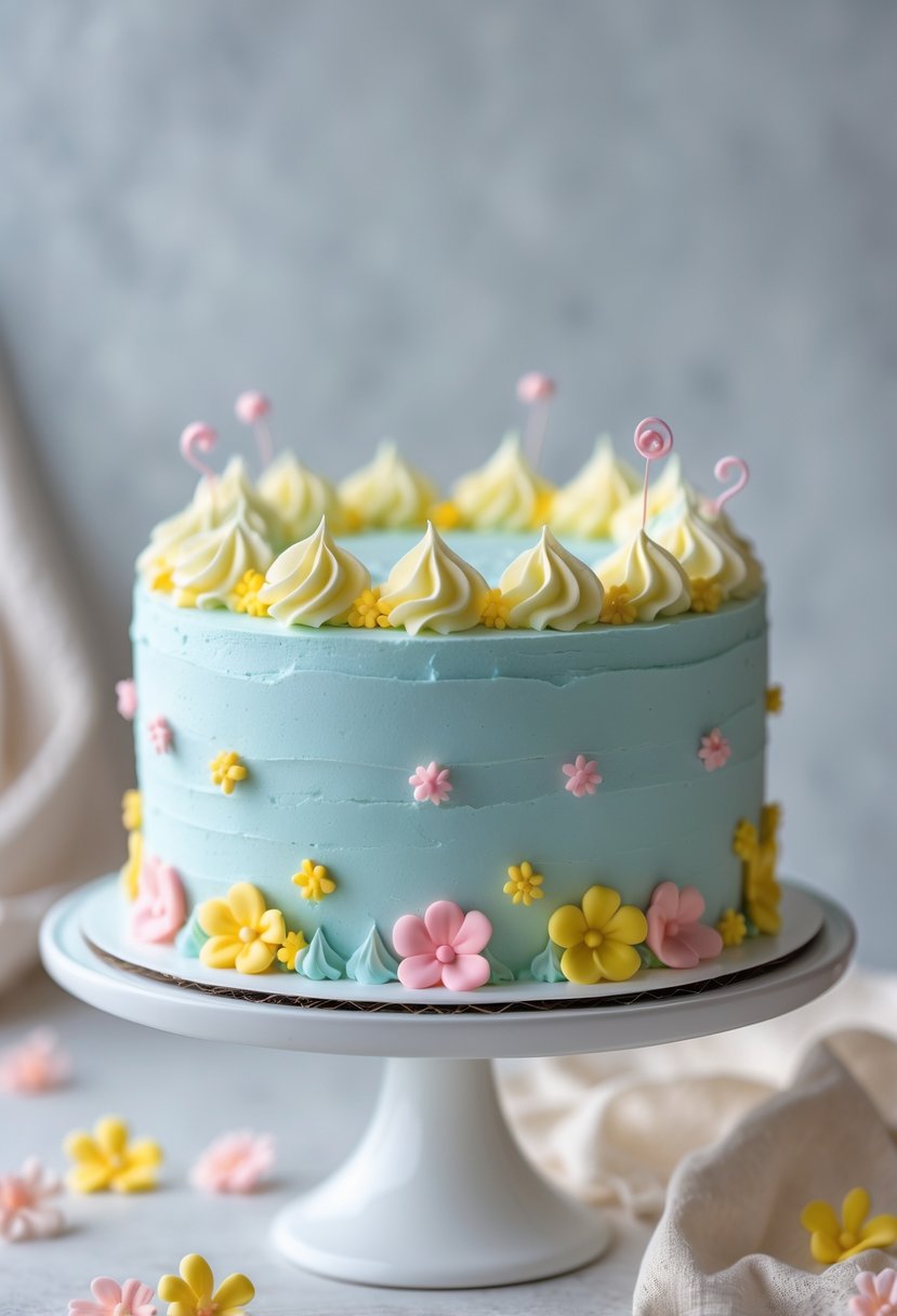 A cake with soft blue frosting decorated with yellow and pink highlights on a white cake stand.