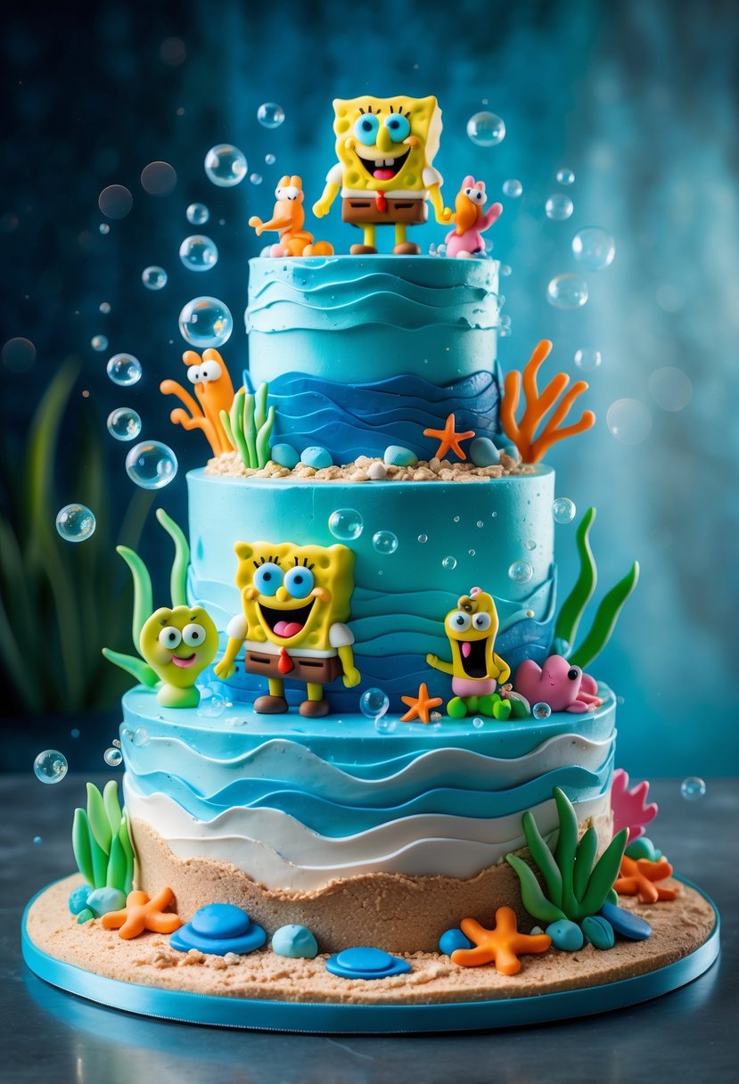 A multi-tiered underwater-themed cake decorated with ocean waves, coral reefs, and sea creature figurines inspired by SpongeBob SquarePants.