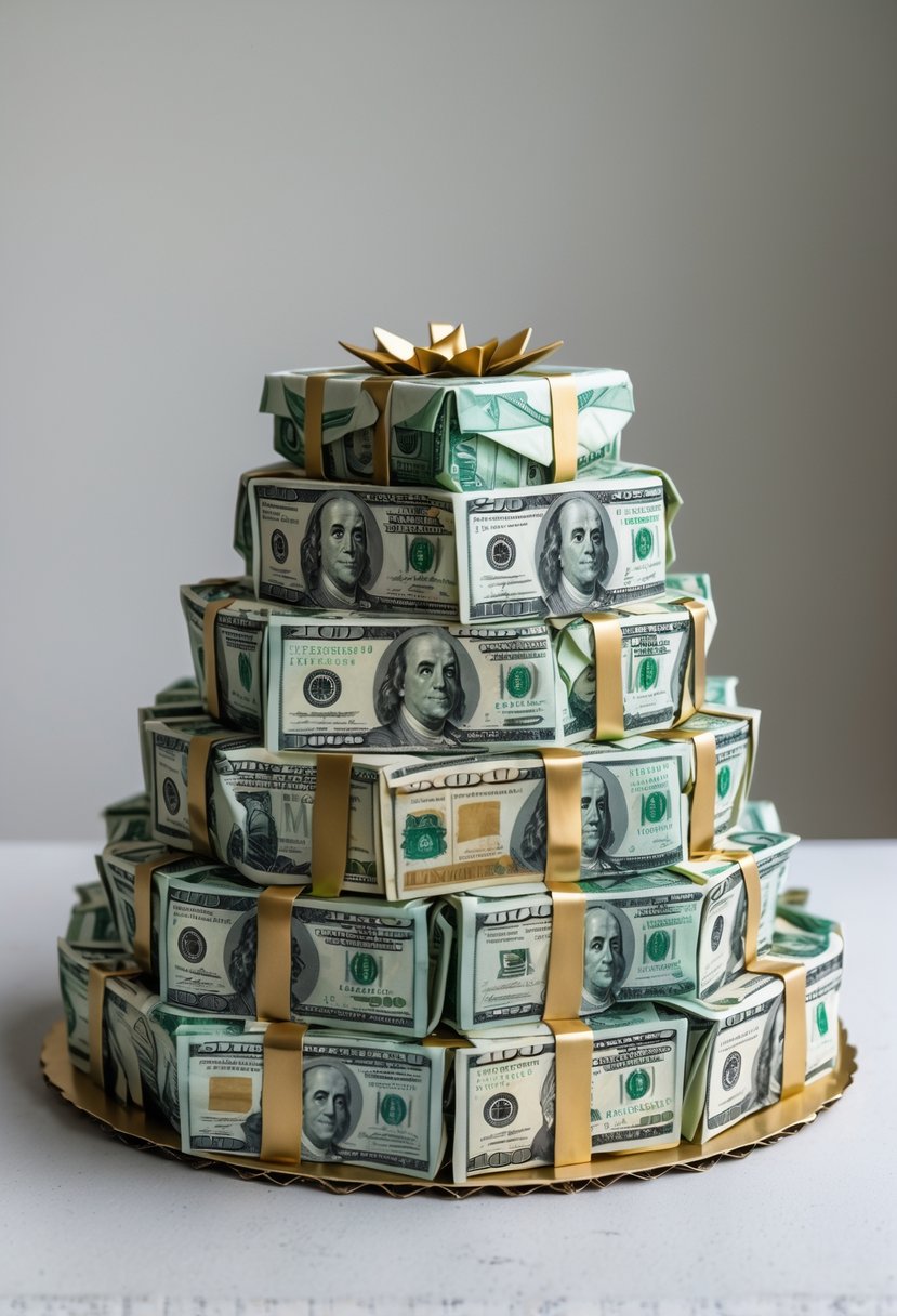 A tiered cake made from folded banknotes arranged like origami on a plain background.