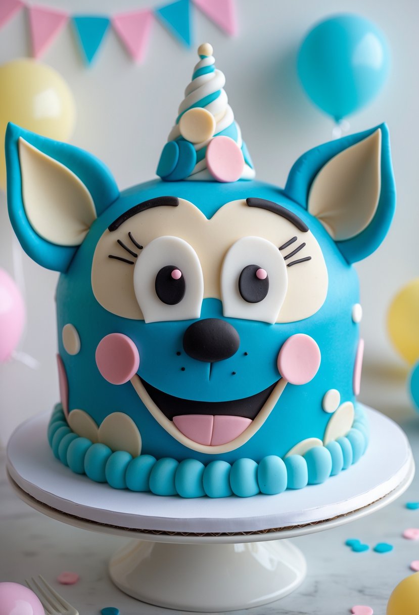A 3D Bluey face cake with fondant details on a white background, decorated for a girl's birthday.