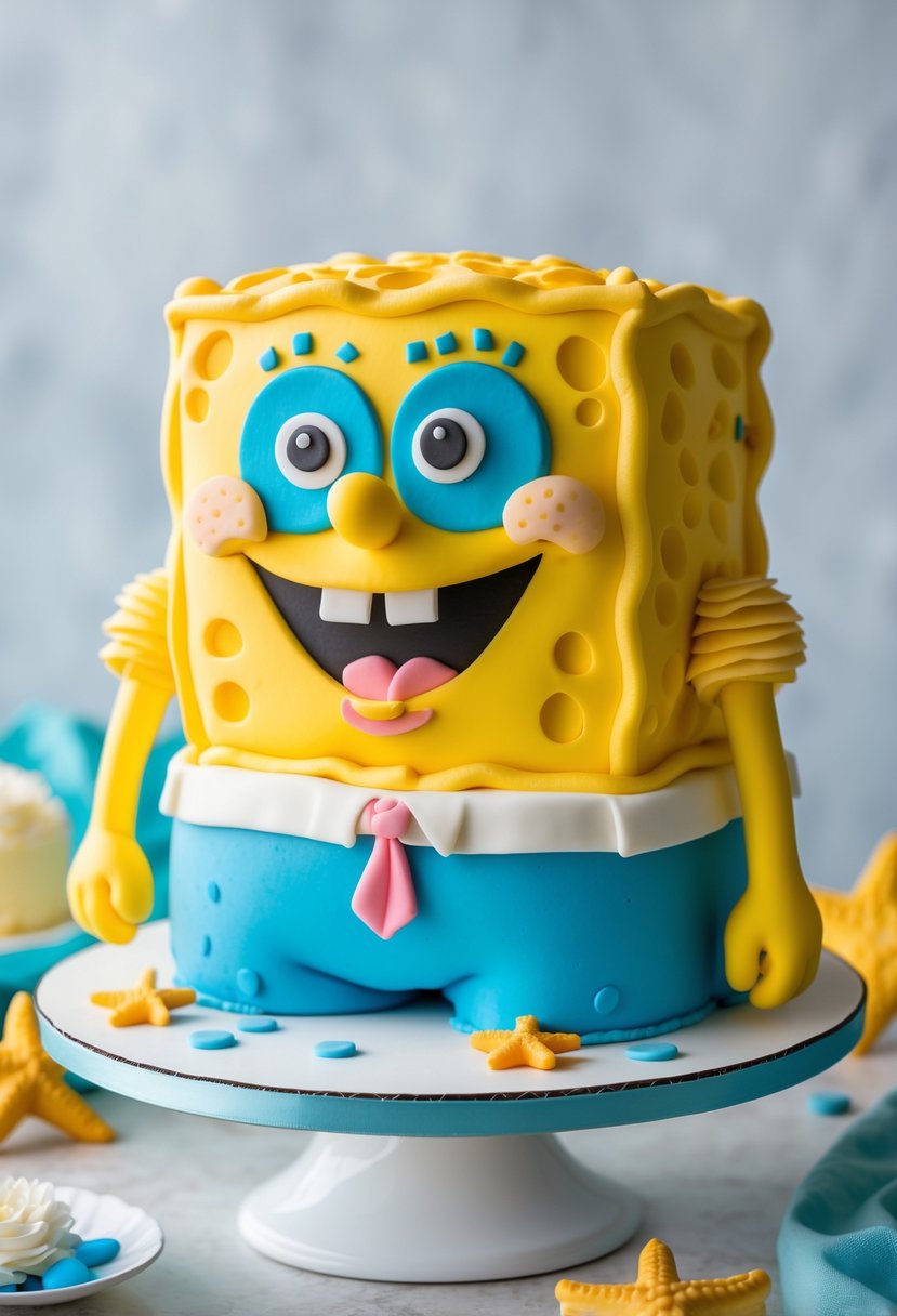 A colorful 3D SpongeBob SquarePants cake shaped like the character wearing square pants, displayed on a white cake stand with small sea-themed decorations around it.