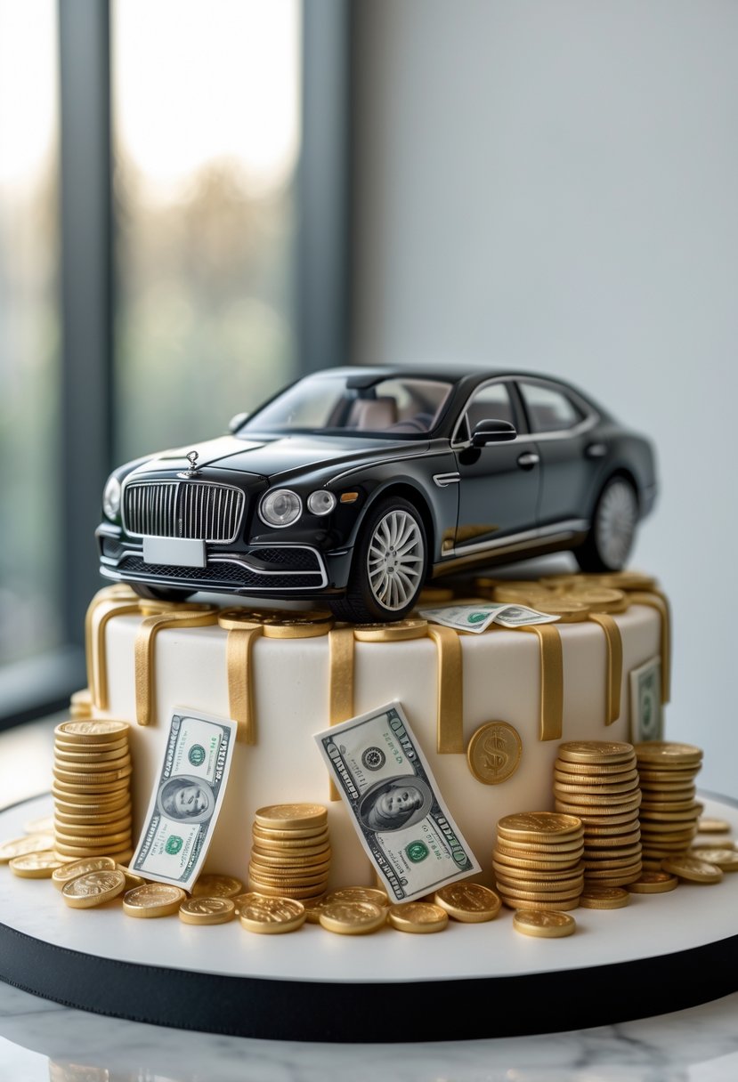 A detailed miniature luxury car on top of a multi-layered cake decorated with edible money-themed elements.