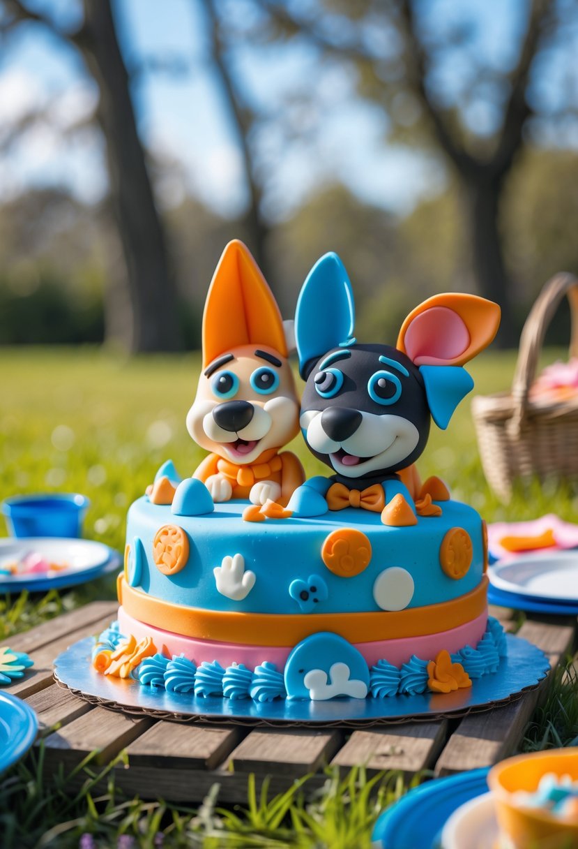 A picnic table outdoors with a colorful Bluey and Bingo themed cake surrounded by picnic items and green grass.