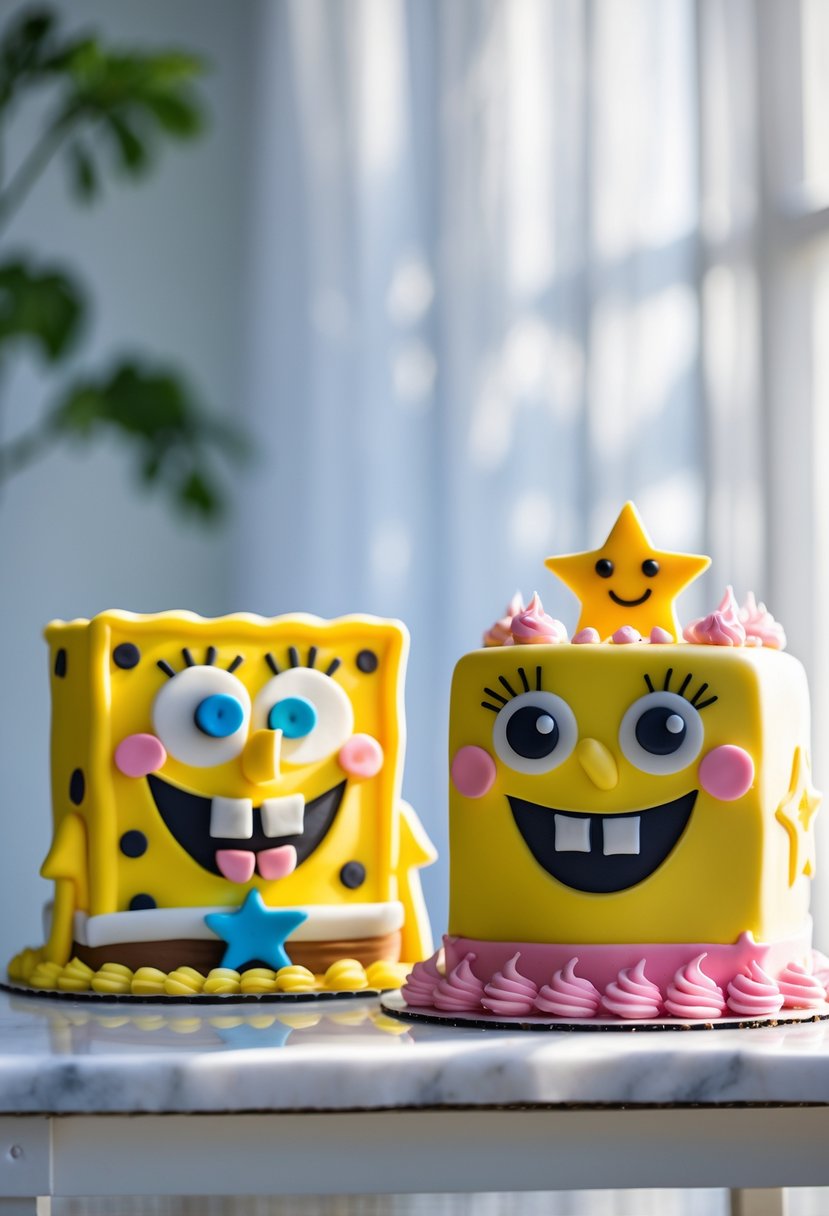 Two colorful cakes shaped like SpongeBob SquarePants and Patrick Star placed side by side on a white surface.