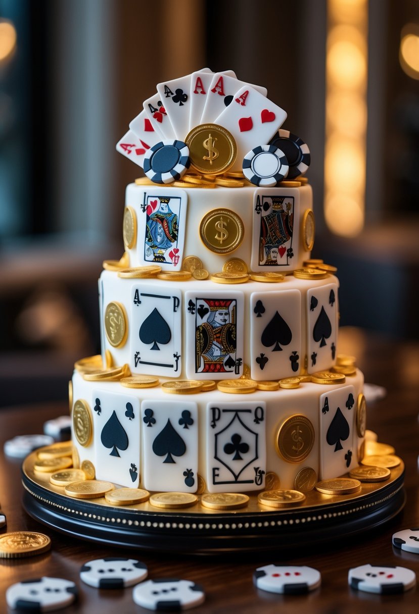 A multi-layered cake decorated with edible playing cards, poker chips, and gold coins on a wooden table with dice and chips around it.