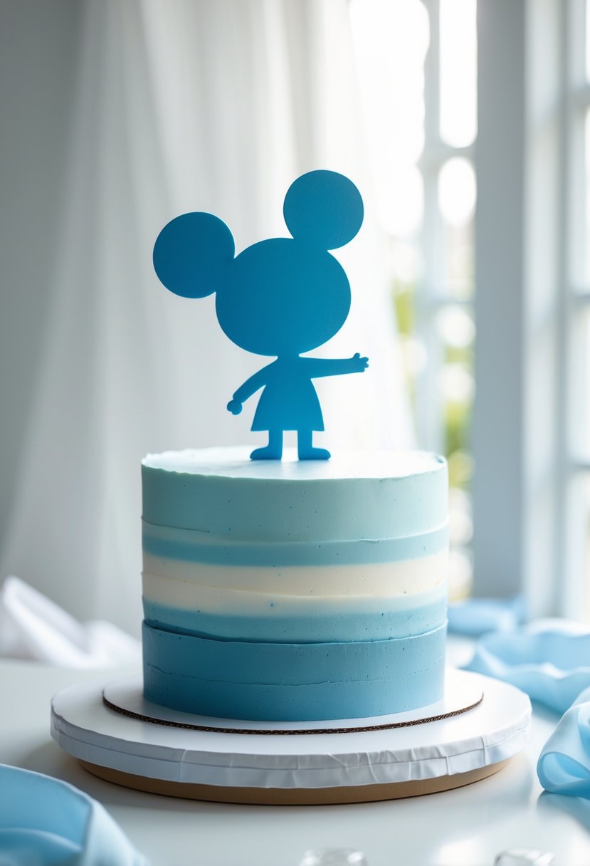 A minimalist Bluey silhouette cake with blue and pastel colors on a white surface.