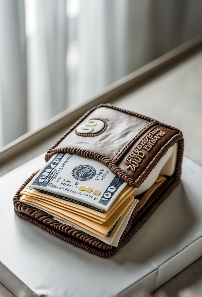 A wallet-shaped cake partially open showing edible banknotes and credit cards inside on a neutral surface.