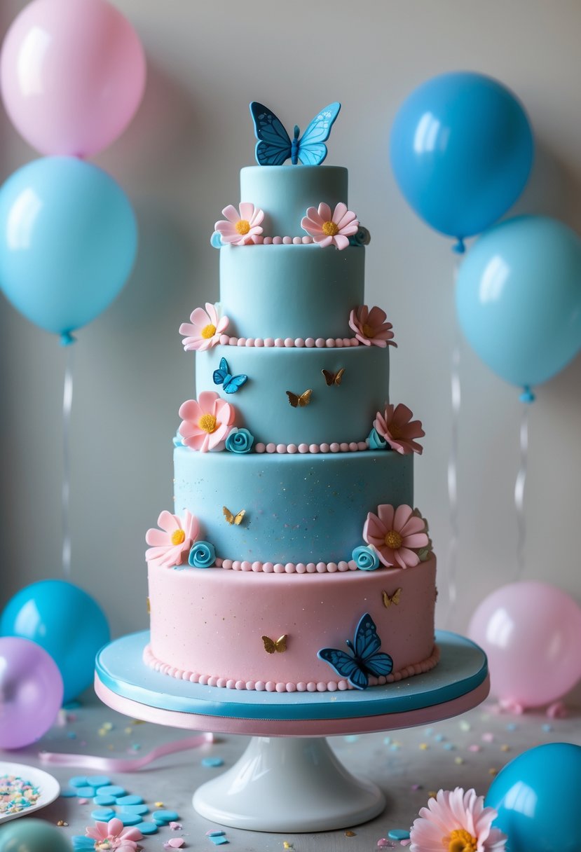 A multi-tiered birthday cake decorated with Bluey cartoon characters and butterfly decorations, surrounded by birthday party elements.