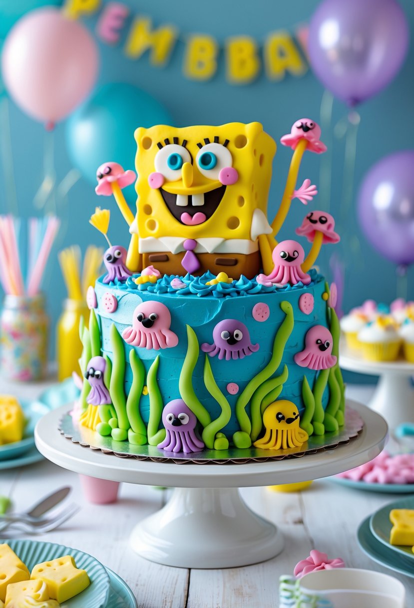 A colorful SpongeBob-themed cake decorated with jellyfish shapes and seaweed details on a birthday party table.
