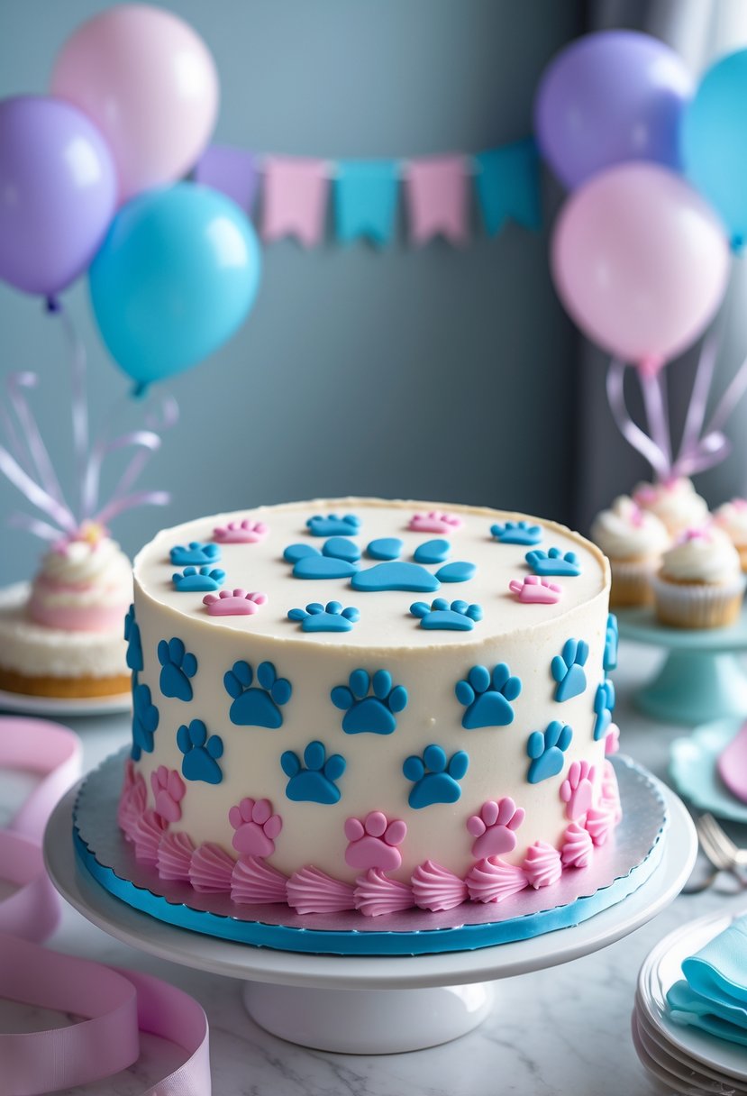 A decorated birthday cake with blue paw print patterns on smooth frosting, surrounded by pastel party decorations.