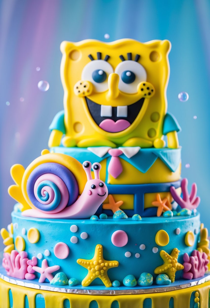 A colorful SpongeBob SquarePants cake with a fondant figure of Gary the Snail, decorated with ocean-themed elements on a table.