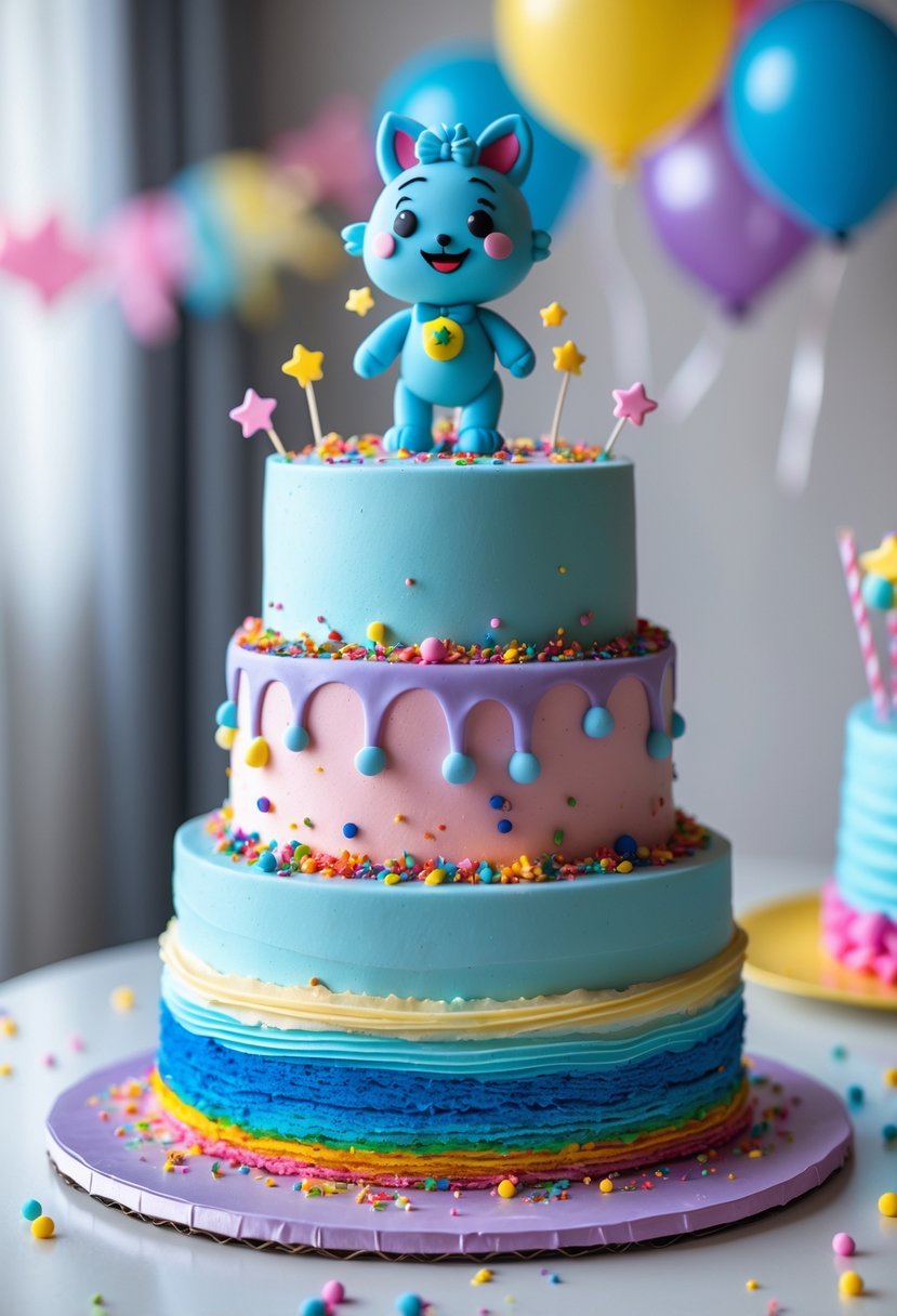 A multi-layered Bluey-themed birthday cake with rainbow-colored edges and a Bluey figurine on top, placed on a bright surface with party decorations in the background.