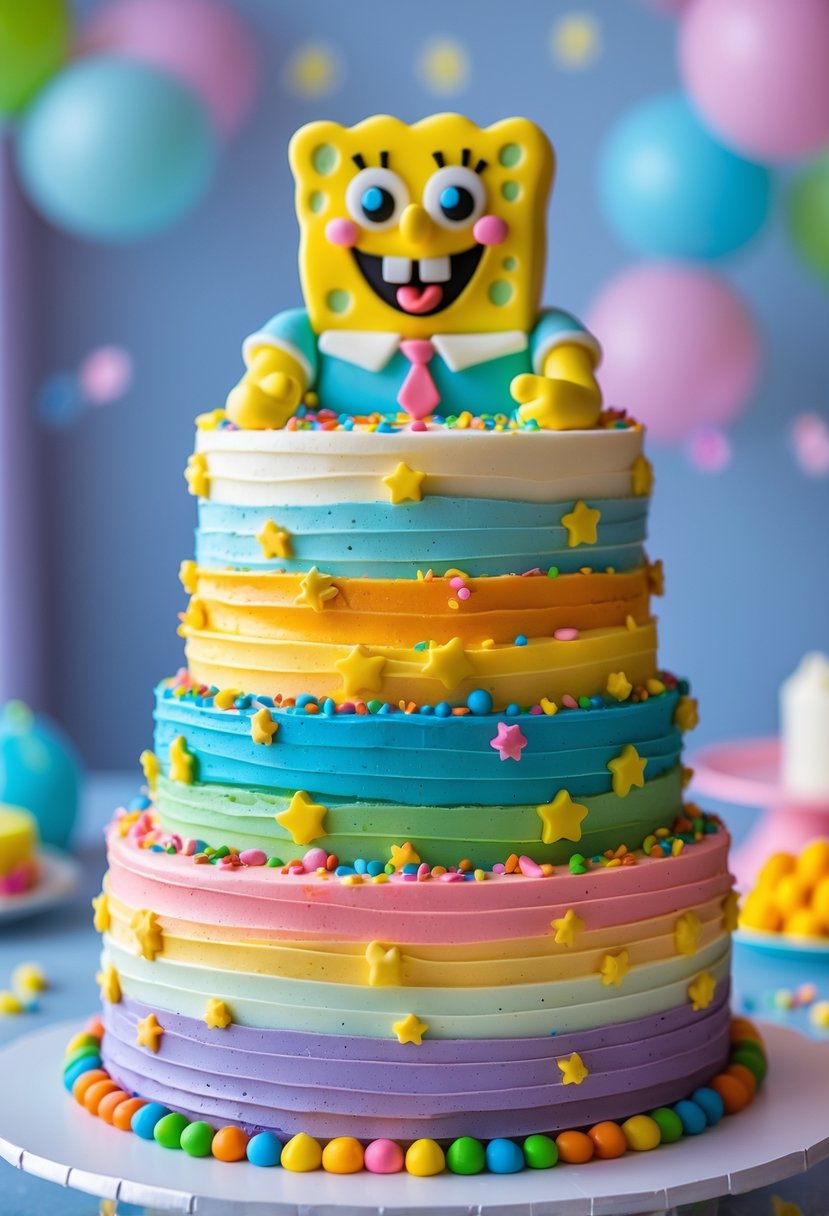 A colorful multi-layered cake with a SpongeBob figure on top and rainbow frosting.