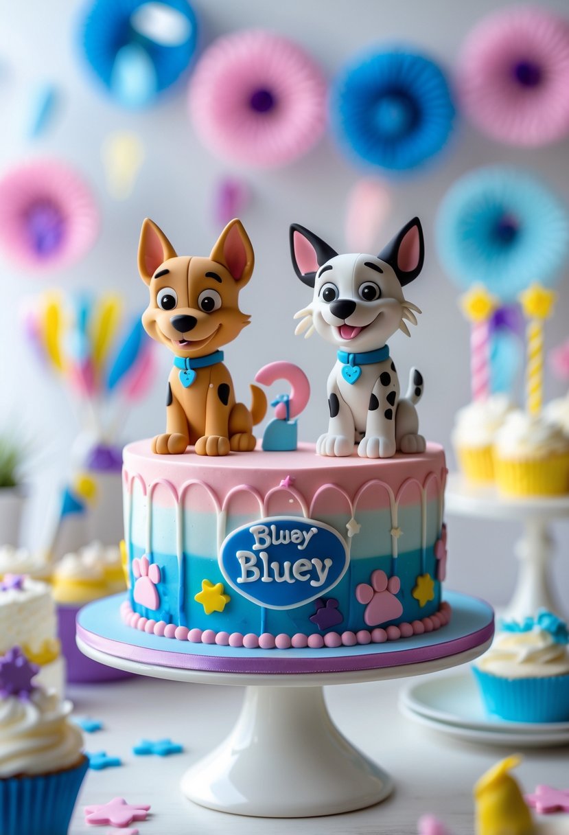 A colorful birthday cake featuring edible figurines of two dog characters, Bandit and Chilli, on top, decorated with paw prints and stars.