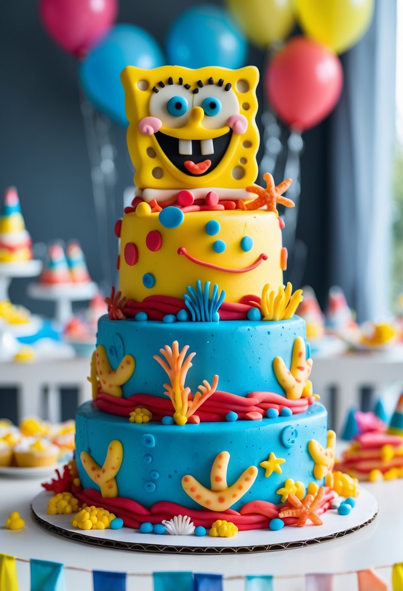 A colorful multi-tiered birthday cake decorated with SpongeBob SquarePants and sea-themed elements on a white table at a children's party.